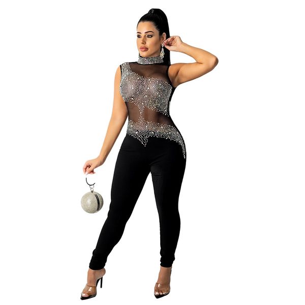 Macacões atacado macacões mulheres diamantes bodycon macacão sexy ver através de malha sem mangas macacões moda uma peça outfits night club