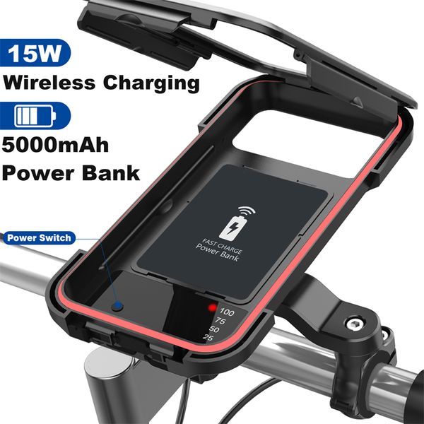 15W Drahtlose Ladegerät Fahrrad Telefon Halter 5000mAh PowerBank Wasserdichte Fahrrad Halterung Tasche Motorrad Handy Unterstützung Halterung Ständer