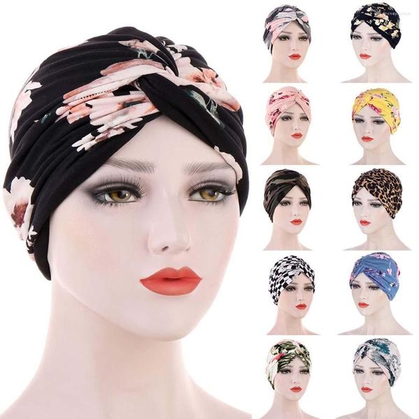 Abbigliamento etnico Floral Leave Leopard Pattern Twisted Jersey Hijab Donne musulmane Elastic Soft Turban Headband Easy Cap Chemio Hat Hair