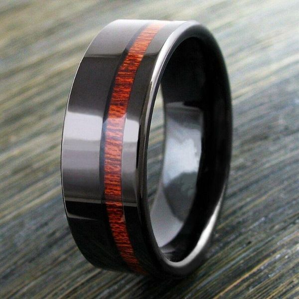 Eheringe 8mm Männer Mode Edelstahl Ring Braun Koa Holz Inlay Hochglanzpoliert Silber Farbe Band Für Schmuck Großhandel