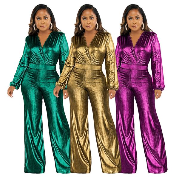 2024 Designer Glitter Metallic Jumpsuits Frauen Party Kleidung Sexy Deep V Night Club Overalls Elegant Wide Leg Romper Großhandel Herbst Winter Einteiler Outfits 8788