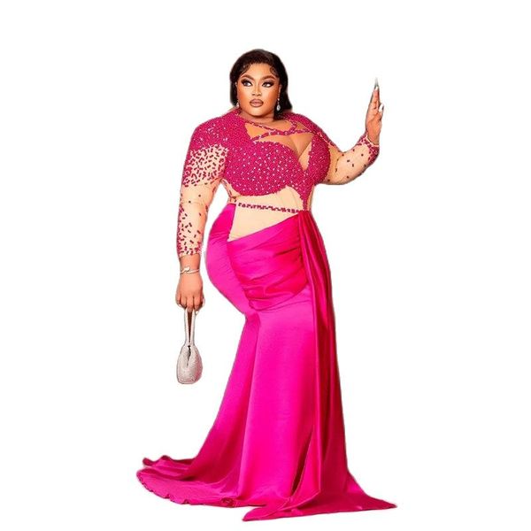 Hot Pink Plus Size Aso Ebi Abendkleider mit langen Ärmeln Satin Meerjungfrau Saudi-Arabien formelle Partykleider Sweep Train