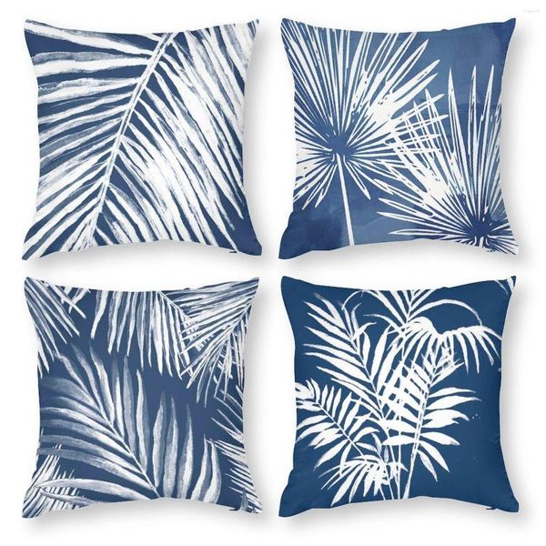Caixa de travesseiro Tampa de arremesso de 18x18 polegadas Branca azul folhas de palmeira de poliéster Slipachover Passagem de impressão de dupla face