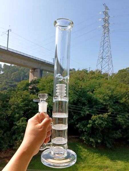 Klare, dicke Glas-Wasserbong-Wasserpfeifen, Triple Honeycomb Perc Shisha Dab Rig mit Schüsselzubehör