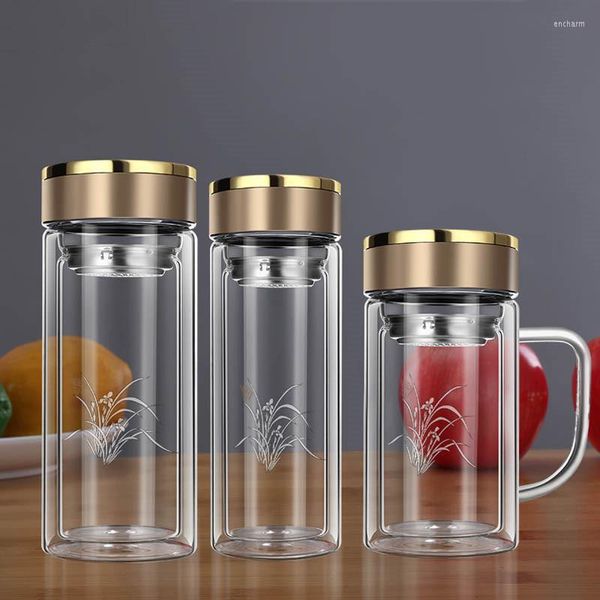 Su Şişeleri 350ml/450ml Şişe Cam Çift Duvar Borosilikat Çay Infuser Filtre Saplama Katmanı Ofis Kupası