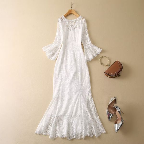 Vestidos casuais francês elegante primavera/verão 2023 novo estilo deusa de alta qualidade vestido de renda branca vestido fino uma cor tamanho 5 s-xxl