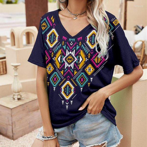 Camisa feminina de camisa solta impressão de mulheres plus size casual estilo étnico ocidental camiseta gráfica harajuku top de manga curta de verão