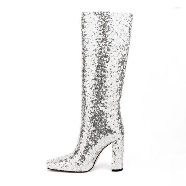 Сапоги Большой размер 45 Sequints 2023 Зимний бренд мода Bling Bling Conting High Night Club The Ware Heels Женщины взлетно -посадочная полоса элегантная