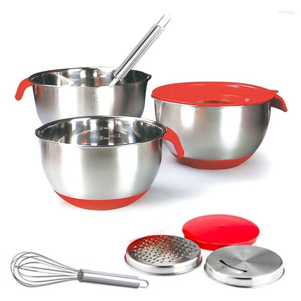 Schüsseln, Edelstahl-Salatmixer-Set mit Deckel/Griff/Reibe/Ei-Schläger, Küche, Backen, rutschfester Rührschüsselbehälter