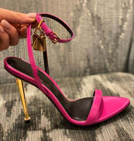 Vorhängeschloss-Sandale für Damen, sexy Schuhe mit hohen Absätzen, nackte Lederpump-Tom-Sandale, Vorhängeschlösser, verzierter Stiletto-Absatz, spitzer Zehenbereich, Hochzeits-Partykleid