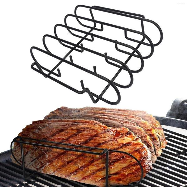 Hält 4 Rippen Tragbarer Lammkotelettgrill mit Werkzeugen BBQ Rib Rack Grillen Barbecue Steak Ständer Zubehör Hält 4 Rippen