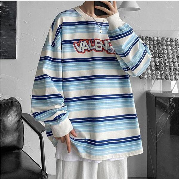 T-shirt da uomo Camicia oversize per uomo Autunno Manica lunga a righe O Collo Moda coreana Harajuku Hip Allentato Casual Sreetwear Coppia Top