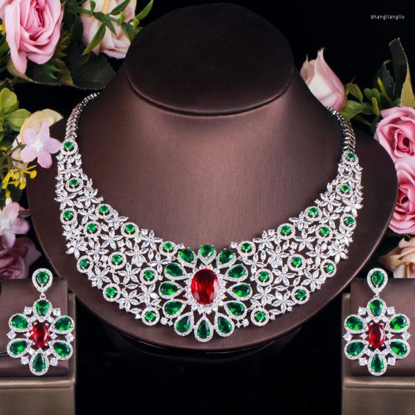 Hochzeit Schmuck Sets ThreeGraces Luxus Rot Grün Zirkonia Große Blume Halskette Und Ohrringe Braut Prom Für Bräute TZ547