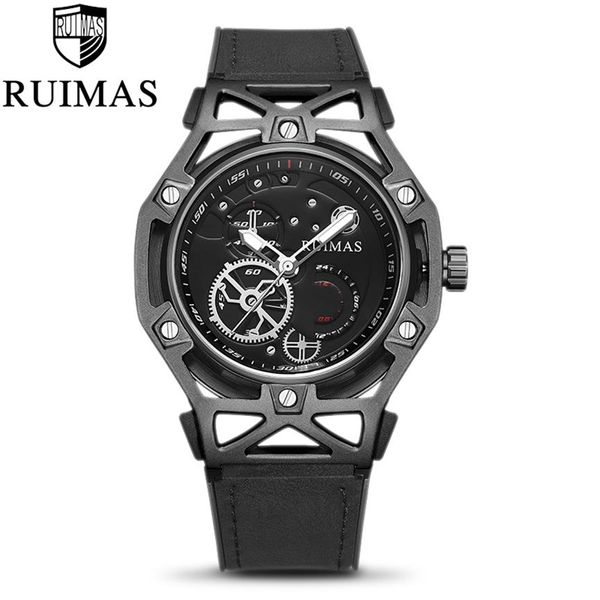 Ruimas Fashion Black Mens Dress Designer Luxo Militar Luminous Watches Leather Classic Welt Watch for Men289C