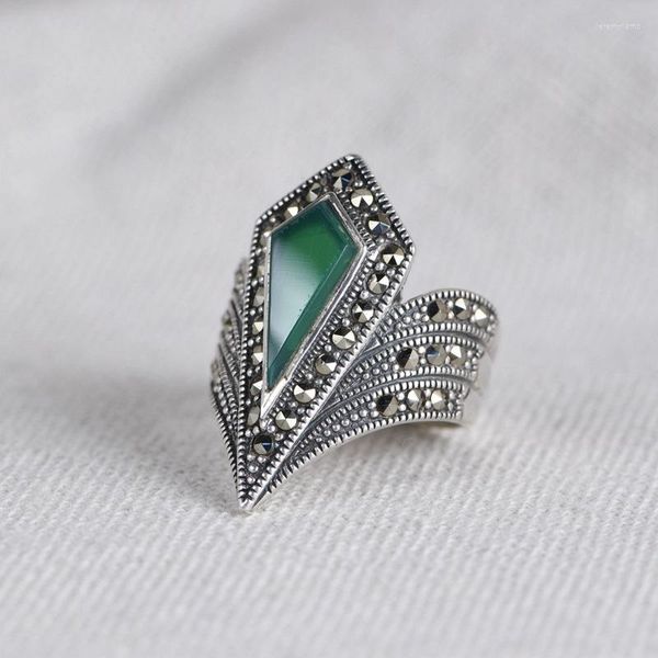 Ringos de cluster fnj Green Agate Marcasite 925 Prata Real original S925 Solid Prue Ring for Women Jewelry Peculiar Creative