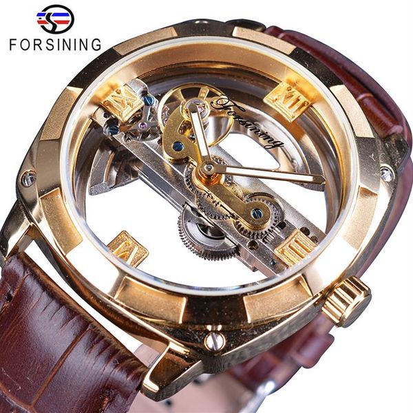 Forsining Men Watch Automático Late Double Side Transparente Golden Belra Marrom Corrente Corrente da Luxúria Squeletão Mecânico Relógio SLZE1259F