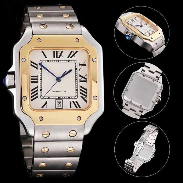 Top-Qualität Silber-Gold Herrenuhr Klassisches quadratisches Design Edelstahl Herrenuhren Automatikwerk Glide Sweep Move Wristwa266i