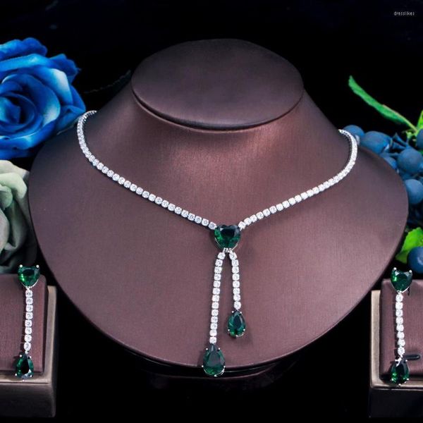 Brincos de colar Conjunto de três gracas lindas Cz Green Stone Longa Drop Tassel e Jóias de Prom do Casamento para Mulheres T0624