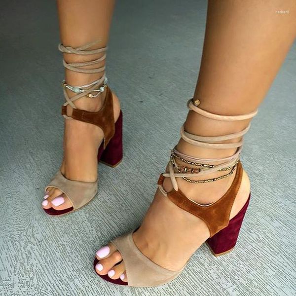 Sandalen ASHIOFU Handgefertigte Damen-Blockabsatz-Zweifarbige Schnürsenkel-Knöchelriemen-Schuhe Slingback-Party-Abschlussball-Mode Lässig