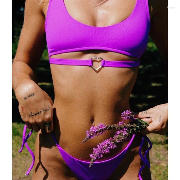 Menas de banho feminina 2022 Biquíni Split Swimsuit Solid Women's Love Ribbon Mulheres Bikinis Mujer Biquini Confir