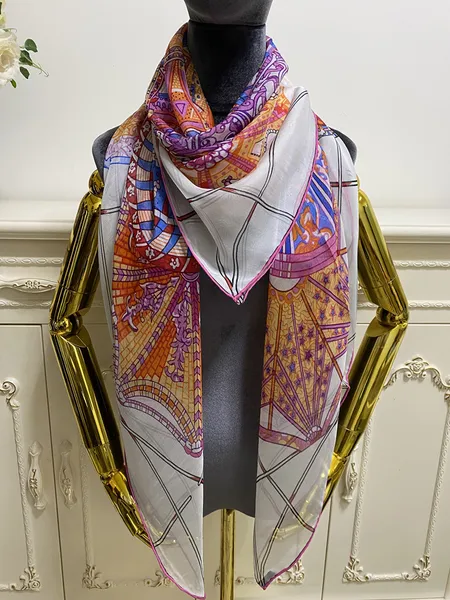 Quadratischer Schal für Damen, 100 % Seide, dünnes und weiches Pint-Muster, Größe 130 cm – 130 cm