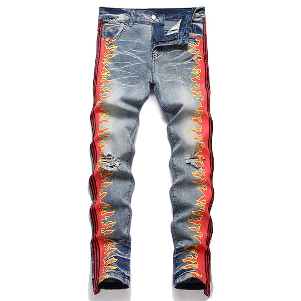 Slim-Fit Stretch-Loch-Jeans für Herren, Sommer-Retro-Jeans aus blauem Denim, Frühlings-Seitenstreifen, Punk-Streetwear-Druck- und Färbehose, Pantalones para hombre vaqueros