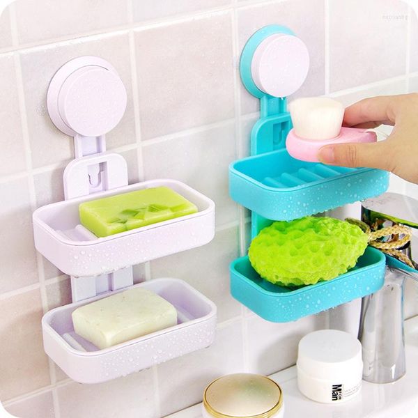 Set di accessori per il bagno 1 PC Portasapone in plastica a doppio strato Forte ventosa Supporto per aspirapolvere da parete per bagno Vassoio di scarico Scatola Utensili da cucina