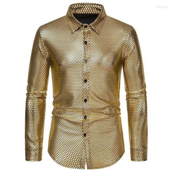 Camisas casuais masculinas Rhombus de ouro da primavera Men Men Man Slave Scales Imprimir botão disco Party Macho de boate masculino Prom Chemise