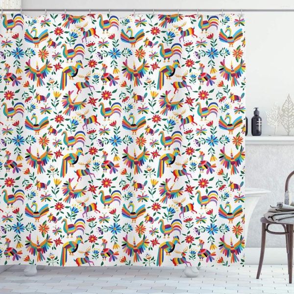 Cortinas de chuveiro Cortina mexicana Design tradicional de arte latino -americana com inspirações naturais Flores e pássaros Conjunto de decoração do banheiro