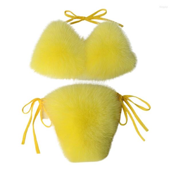 Damen-Badebekleidung, sexy 2-teiliges Bikini-Set mit Kunstpelz, Neckholder, String, Dreieck, Bralette, Badeanzug, Krawatte, seitliche Unterseite, einfarbig, Plüsch, Baden