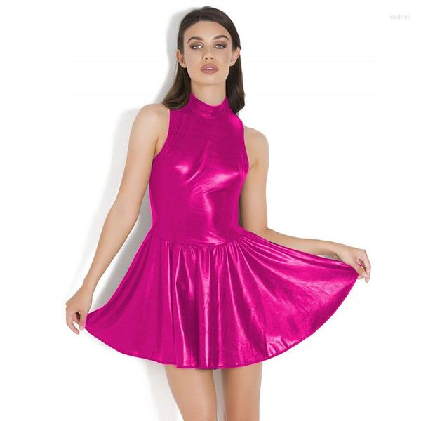 Lässige Kleider Skater-Lederkleid Plus Size A-Linie Metallic Sommer ärmelloser Boden Flare Mini Vintage Wet Look Vestidos