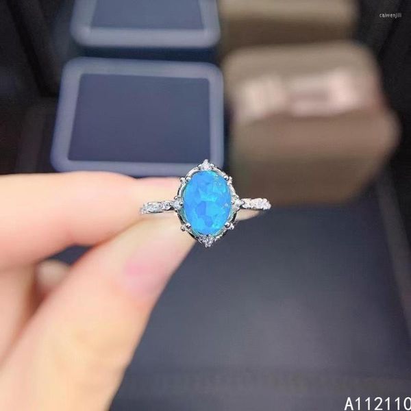 Cluster-Ringe, feiner Schmuck, 925er Sterlingsilber, eingelegt mit natürlichem Edelstein, exquisiter ovaler blauer Opal-Ring für Damen, unterstützt die Erkennung
