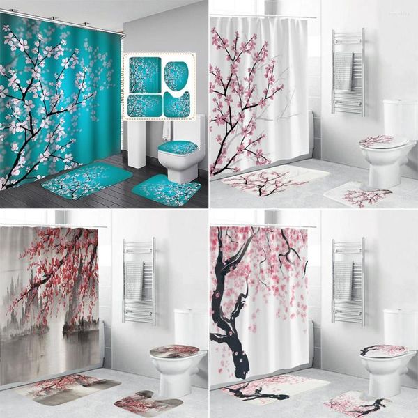 Duschvorhänge, Blumen- und Pflaumenblüten-Motiv, 3D-HD-bedruckter Stoff, Badezimmer-Vorhang-Set, rutschfeste Teppiche, WC-Deckelbezug und Badematte