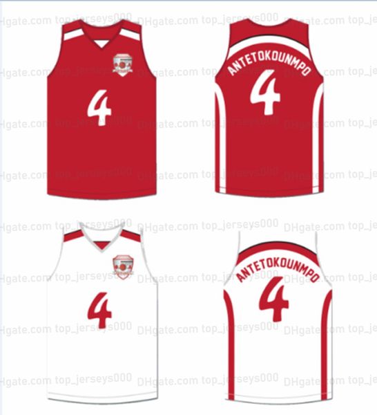 Benutzerdefinierter Throwback Antetokounmpo #4 Filathlitikos B.C. Basketball-Trikot, weiß, rot, mit beliebigem Namen und Nummer, Größe S-4XL