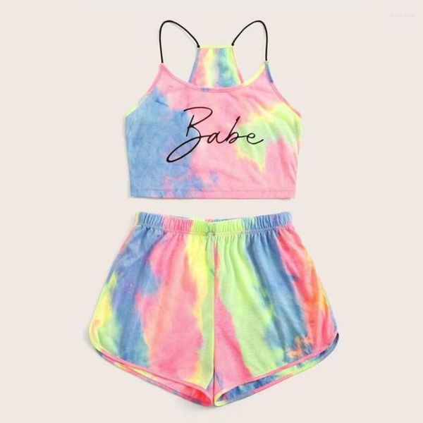 Tute da donna Articoli sfusi Commercio all'ingrosso 2 pezzi Set estivo Mini lettera Stampa Bretelle Indumento superiore Tempo libero Tie Dye Sport Set corti per