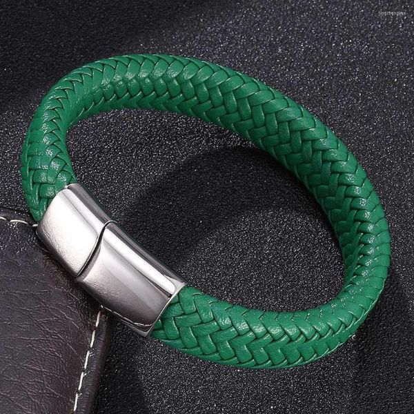 Braccialetto Gioielli maschili Bracciale in pelle intrecciata verde Uomo Acciaio inossidabile Chiusura magnetica Braccialetti alla moda Bracciali Accessori Regali