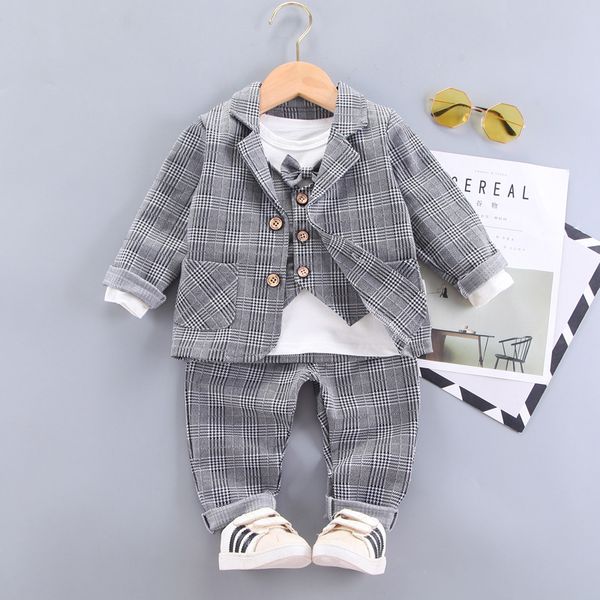 Roupas infantis da primavera amarrar blazer algodão formal gentleman casual jackets calças de camiseta 3pcs/sets terno infantil crianças CL 27