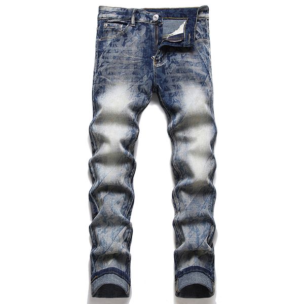 Jeans da uomo elasticizzati con stampa blu retrò Pantaloni a matita slim fit moda Primavera Estate Pantaloni da uomo giornalieri Pantalones Para Hombre Jeans strappati