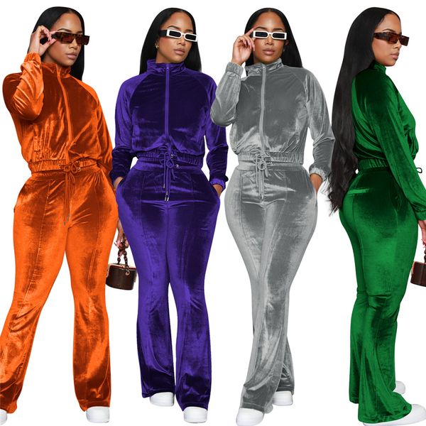 2024 Tasarımcı Kadın Trailsuits Velvet İki 2 Parça Set Gündelik Stand Yakası Bayanlar Kıyafetleri Retro Seksi Pantolon Takım Ceket Pantolonları Toptan Sonbahar Kış Giysileri 8808
