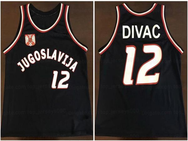 Maglia da basket personalizzata Vlade Divac # 12 Team Jugoslavija Serbia Retro nera cucita Qualsiasi nome Numero Taglia S-4XL 5XL 6XL