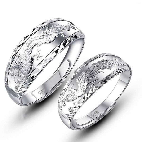 Cluster Rings Genuine 999 Pure Silver Men # 39; se Women # 39; s Real Ring Dragon Phoenix Couple Open Gift