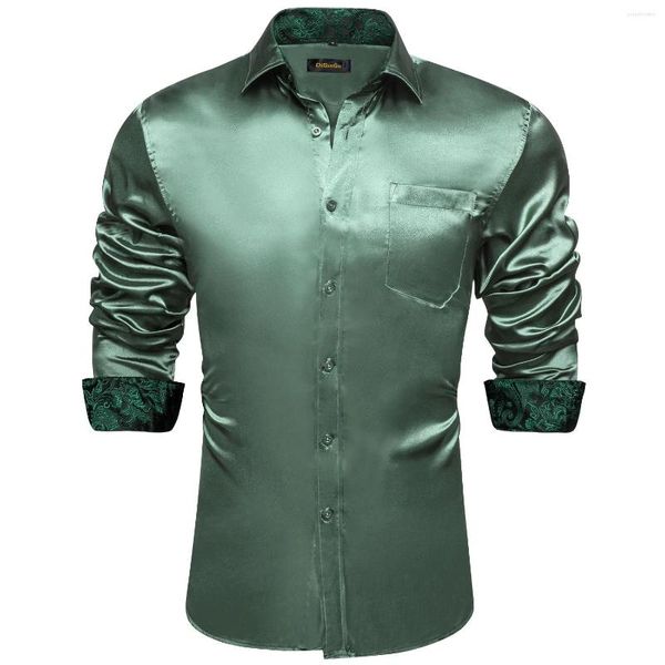 Herren-Freizeithemden, grünes Paisley-Stretch-Satin-Smokinghemd, Kontrastfarben, lange Ärmel, für Herren, Designer-Kleidung