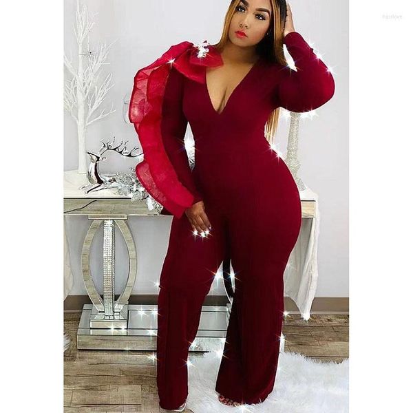 Требовые костюмы Perl ruffle of Single Full Drecksuit Jumpsuit V-образные коллеги изогнутые сунперенты плюс размер женская одежда Элегантная вечеринка носить шикарную одежду 4xl