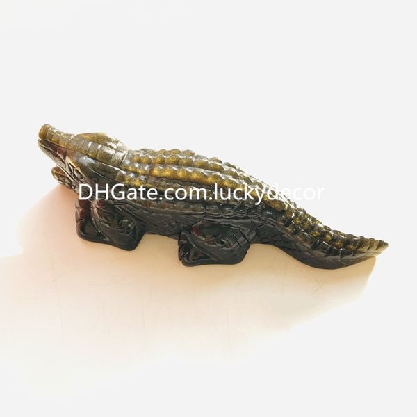 Fantastic natural Gold Gold Sheen Obsidiano Crocodilo Figurina Artesanato Dourado Black Quartz Cristal Espírito Escultura Animal Curador Escultura Executiva para homens para homens