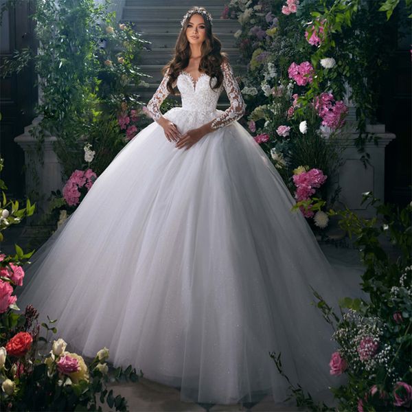 Abiti da sposa classici con scollo a barchetta e collo trasparente 2023 Abiti da sposa principessa con maniche corte con applicazioni a maniche lunghe 326 326