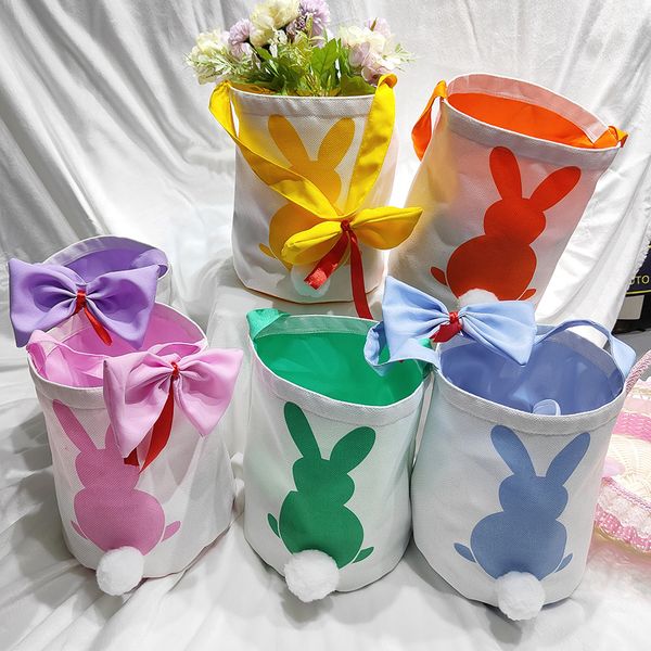 Borse per cestini per feste di uova di caccia di Pasqua con borsa tote stampata con code soffici di coniglio in lino di cotone per ragazze Bowknot