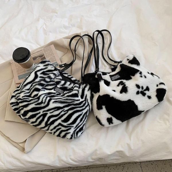 Abendtaschen Trend Zebra Streifen Kuh Muster Druck Plüsch Umhängetasche Frauen Herbst Winter Mode Lässig Große Kapazität Shopper Handtaschen