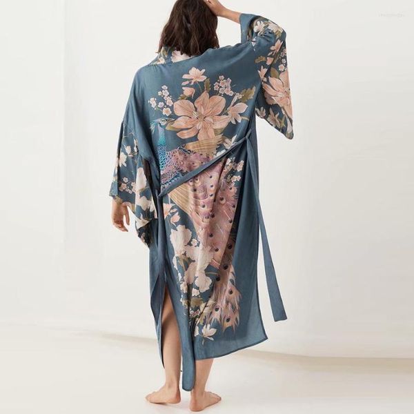 Kadın Bluzlar Sonbahar Kaftan Şelale Robe Koyu Mavi Çiçek Baskı Kimono Kollu Boho Hırka Yan Yırtmaçlar Çingene Bikini Örtüsü Plaj