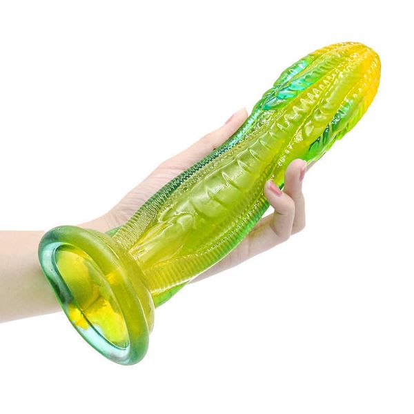 Beauty Items Riesiger grüner Monster-realistischer Penis, großer Schwanz, sexy Gragon-Dildo, weiblicher Masturbator, einlagiger TPE-Saugnapf-Dildo für Frauen