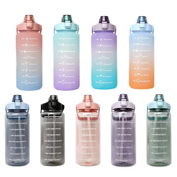2000 ml große Kapazität 2 l Wasserflasche Strohbecher Farbverlauf Kunststoff Wasserbecher mit Zeitmarkierung Outdoor Sport Fitness Sportflaschen FY5234 bb1230